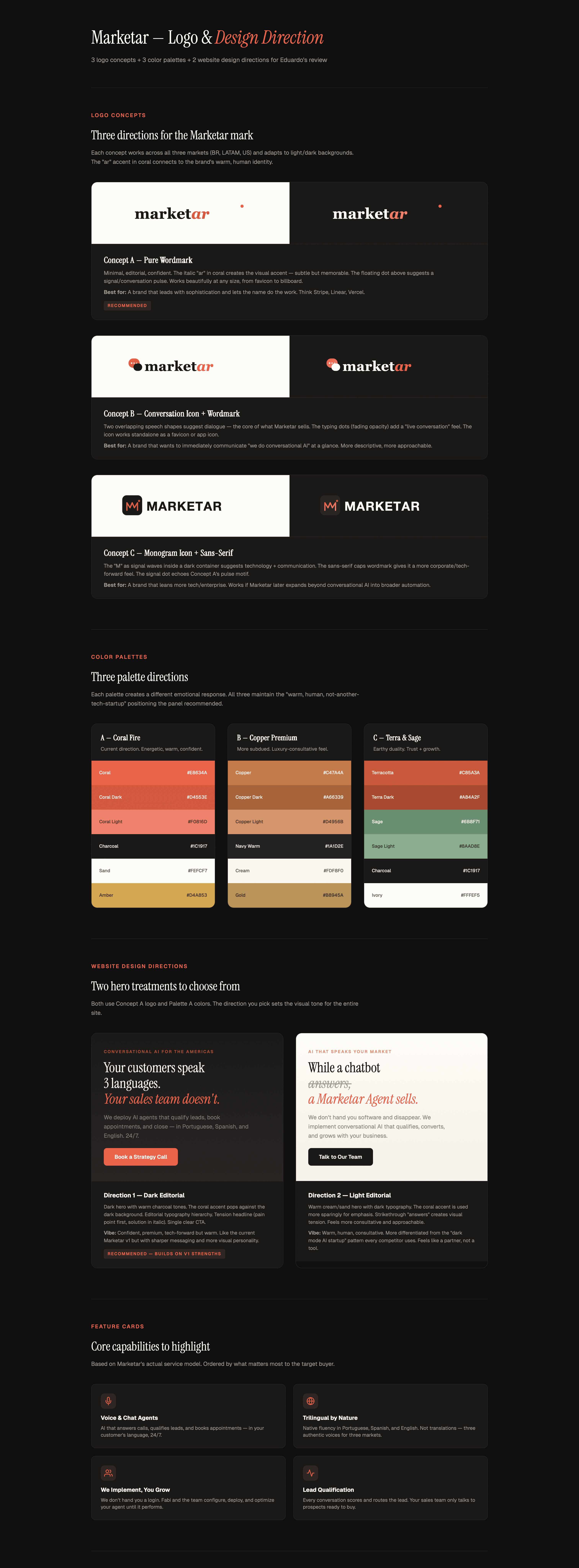 Brand guidelines example — logo concepts, color palettes, design direction